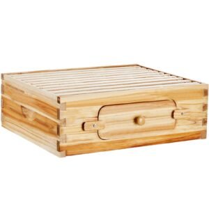 Bee Hive Medium Box Starter Kit, 100% Beeswax Coated Natural Fir Wood, Langstroth Beehive Kit with 10 Frames and Foundations, Transparent Acrylic Bee Windows for Beginners and Pro Beekeepers