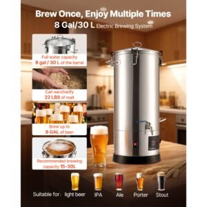 beer brewing equipment, 8 gal/30l 304 stainless steel home beer brewer,1500w all in one home brewing kit with tall strainer, integrated inner barrel & reinforced handle