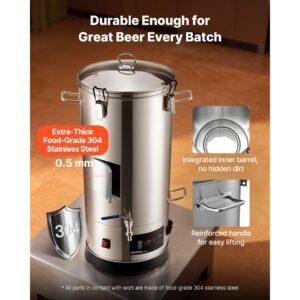 beer brewing equipment, 8 gal/30l 304 stainless steel home beer brewer,1500w all in one home brewing kit with tall strainer, integrated inner barrel & reinforced handle