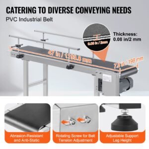 belt conveyor, 47 x 7.8 inch conveyor table, heavy duty stainless steel motorized belt conveyor for inkjet coding applications powered pvc belt anti static adjustable speed (double guardrail)