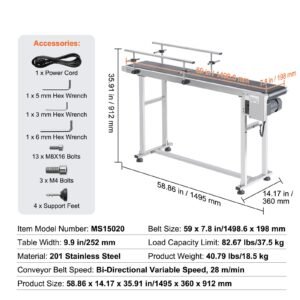 belt conveyor, 59 x 7.8 inch conveyor table, heavy duty stainless steel motorized belt conveyor for inkjet coding applications powered pvc belt anti static adjustable speed (double guardrail)