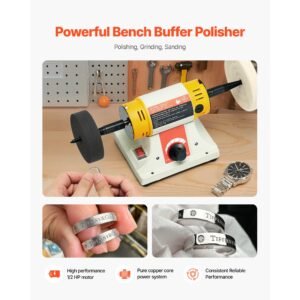 bench buffer polisher, 1/2hp polishing buffing machine, 0 to 8000rpm benchtop polisher grinder with 4" cloth wheel, 3" grinding wheel & 3" fiber wheel for metal, jewelry, wood and plastic