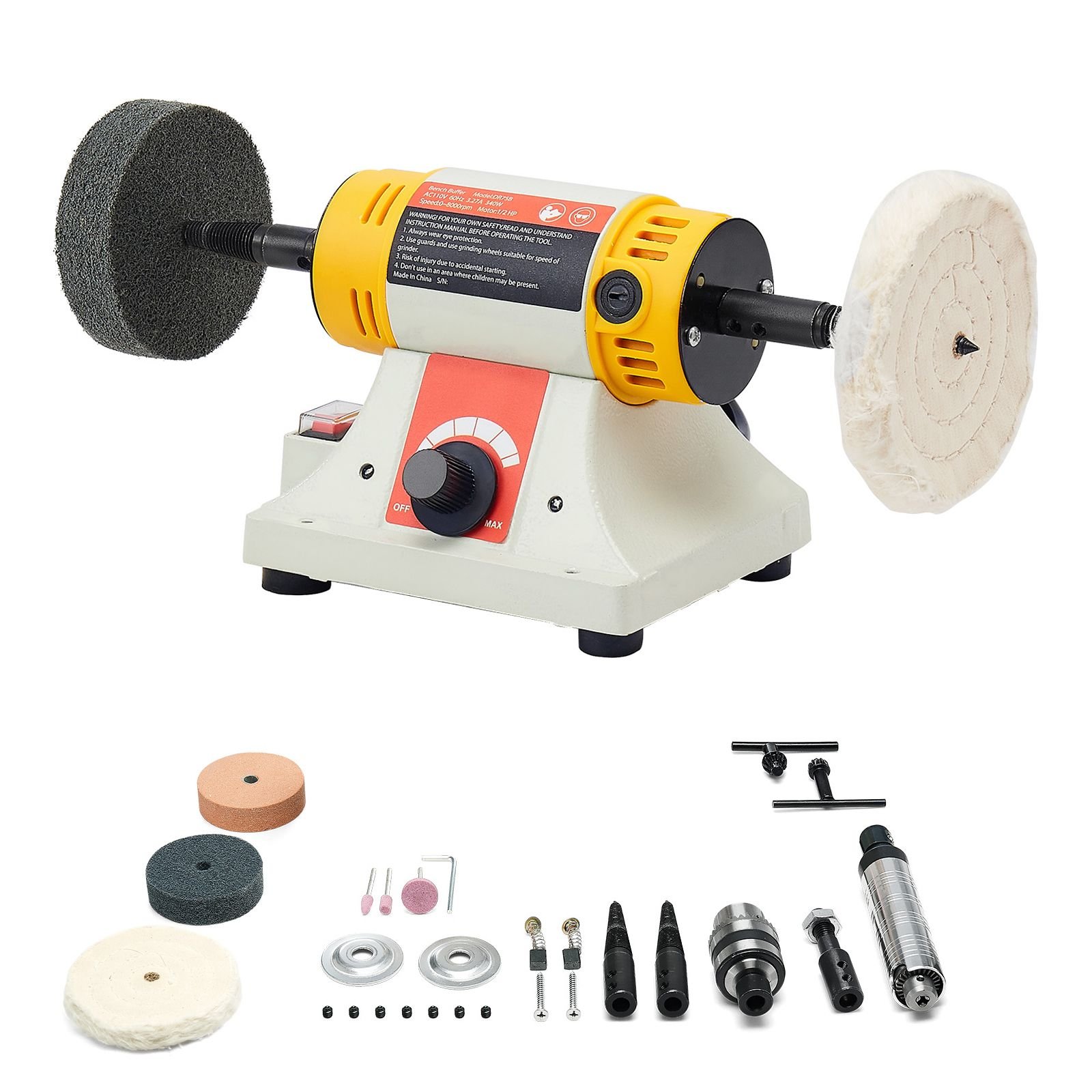 bench buffer polisher, 1/2hp polishing buffing machine, 0 to 8000rpm benchtop polisher grinder with 4" cloth wheel, 3" grinding wheel & 3" fiber wheel for metal, jewelry, wood and plastic