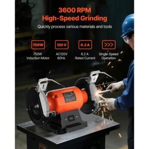 bench grinder, 8 inch single speed bench grinder, 3450rpm high speed table grinders with 750w 6.2a induction motor, 36/60 grit grinding wheel & adjustable eye shield for fast sharpening grinding