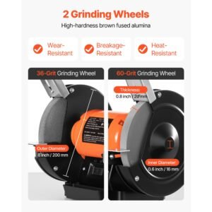 bench grinder, 8 inch single speed bench grinder, 3450rpm high speed table grinders with 750w 6.2a induction motor, 36/60 grit grinding wheel & adjustable eye shield for fast sharpening grinding