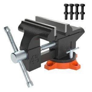 bench vise, 4.5 inch jaw width 3.3 inch jaw opening , 240 degree swivel locking base multipurpose vise with anvil, heavy duty cast iron workbench vise with bolts & nuts, for drilling, pipe cutti