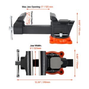 bench vise, 5" jaw width, 5" max jaw opening multipurpose vise with 360° swivel locking base, 2.8" throat depth, heavy duty ductile iron workbench vise with anvil, for clamping round pipes