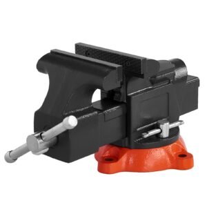 bench vise, 5" jaw width, 5" max jaw opening multipurpose vise with 360° swivel locking base, 2.8" throat depth, heavy duty ductile iron workbench vise with anvil, for clamping round pipes