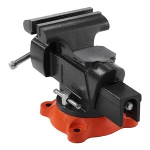bench vise, 5" jaw width, 5" max jaw opening multipurpose vise with 360° swivel locking base, 2.8" throat depth, heavy duty ductile iron workbench vise with anvil, for clamping round pipes