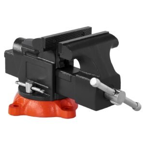 bench vise, 5" jaw width, 5" max jaw opening multipurpose vise with 360° swivel locking base, 2.8" throat depth, heavy duty ductile iron workbench vise with anvil, for clamping round pipes