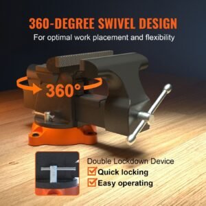 bench vise, 6 inch jaw width 5.9 inch jaw opening, 360 degree swivel locking base multipurpose vise with anvil, heavy duty ductile iron workbench vise with bolts & nuts, for drilling, pipe cutti