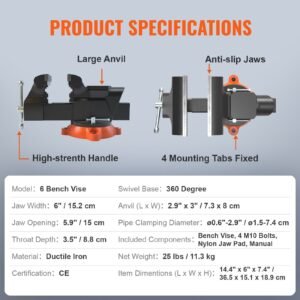 bench vise, 6 inch jaw width 5.9 inch jaw opening, 360 degree swivel locking base multipurpose vise with anvil, heavy duty ductile iron workbench vise with bolts & nuts, for drilling, pipe cutti