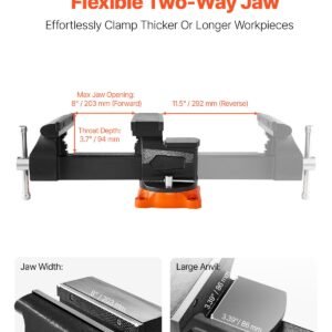 bench vise, 8" jaw width, 8" max jaw opening multipurpose vise with 360° swivel locking base, 3.7" throat depth, heavy duty ductile iron workbench vise, two way jaws for clamping round pipes