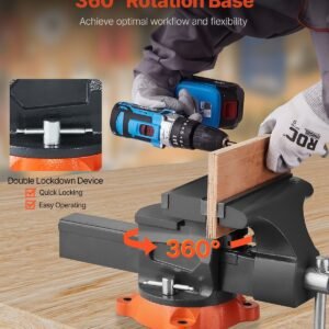 bench vise, 8" jaw width, 8" max jaw opening multipurpose vise with 360° swivel locking base, 3.7" throat depth, heavy duty ductile iron workbench vise, two way jaws for clamping round pipes