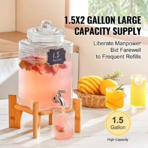beverage dispenser, 1.5 gallon drink dispensers for parties, 2pc,glass juice dispenser with stand, stainless steel spigot, iced tea lemonade juice water dispenser, for restaurants, hotels, parti