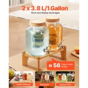 beverage dispenser, 2 pack 1 gallon drink dispensers for parties, glass juice dispenser with wood stand, stainless steel spigot, infuser, iced tea lemonade juice water dispensers for parties
