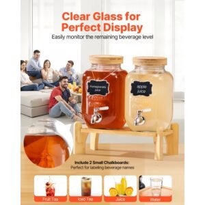 beverage dispenser, 2 pack 1 gallon drink dispensers for parties, glass juice dispenser with wood stand, stainless steel spigot, infuser, iced tea lemonade juice water dispensers for parties