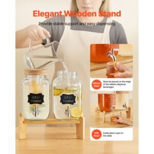 beverage dispenser, 2 pack 1 gallon drink dispensers for parties, glass juice dispenser with wood stand, stainless steel spigot, infuser, iced tea lemonade juice water dispensers for parties