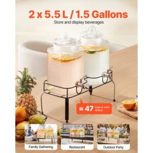 beverage dispenser, 2 pack 1.5 gallon drink dispensers for parties, glass juice dispenser with metal stand, stainless steel spigot, iced tea lemonade juice water dispensers for parties