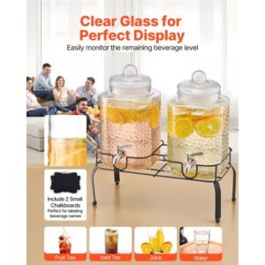 beverage dispenser, 2 pack 1.5 gallon drink dispensers for parties, glass juice dispenser with metal stand, stainless steel spigot, iced tea lemonade juice water dispensers for parties