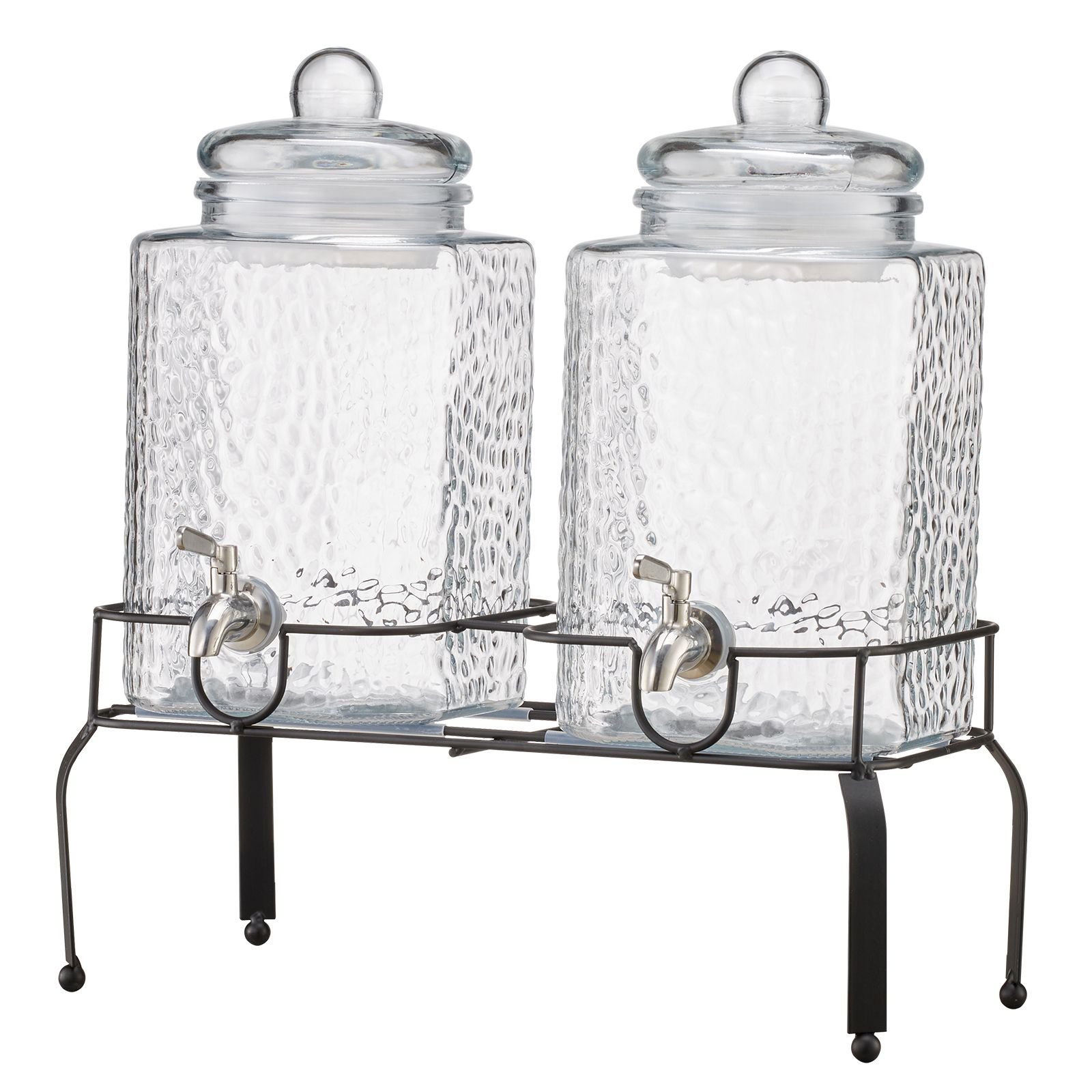 beverage dispenser, 2 pack 1.5 gallon drink dispensers for parties, glass juice dispenser with metal stand, stainless steel spigot, iced tea lemonade juice water dispensers for parties