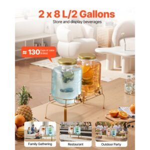 beverage dispenser, 2 pack 2 gallon drink dispensers for parties, glass juice dispenser with metal stand, stainless steel spigot, infuser, iced tea lemonade juice water dispensers for parties
