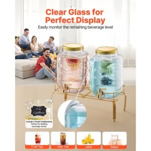 beverage dispenser, 2 pack 2 gallon drink dispensers for parties, glass juice dispenser with metal stand, stainless steel spigot, infuser, iced tea lemonade juice water dispensers for parties