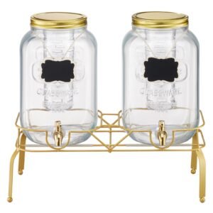 Beverage Dispenser, 2 Pack 2 Gallon Drink Dispensers for Parties, Glass Juice Dispenser with Metal Stand, Stainless Steel Spigot, Infuser, Iced Tea Lemonade Juice Water Dispensers for Parties