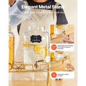 beverage dispenser, 2 pack 2 gallon drink dispensers for parties, glass juice dispenser with metal stand, stainless steel spigot, infuser, iced tea lemonade juice water dispensers for parties