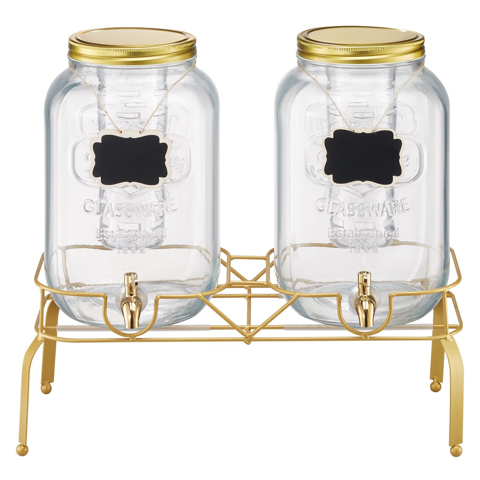 beverage dispenser, 2 pack 2 gallon drink dispensers for parties, glass juice dispenser with metal stand, stainless steel spigot, infuser, iced tea lemonade juice water dispensers for parties
