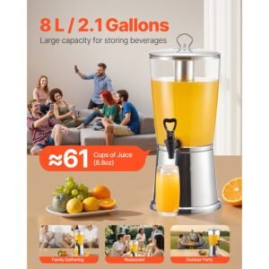 beverage dispenser, 2.1 gallon drink dispenser for parties, stainless steel + plastic juice dispensers with spigot ice chamber, iced tea lemonade juice water dispensers, for restaurants, hotels
