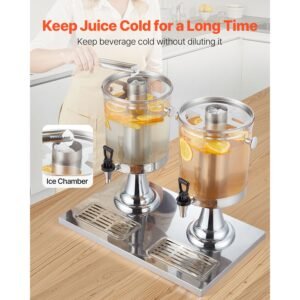 beverage dispenser, 2.1 gallon x 2 drink dispenser for parties, stainless steel + plastic juice dispensers with spigot ice chamber tray, iced tea lemonade dispensers, for restaurants, hotels