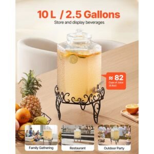 beverage dispenser, 2.5 gallon drink dispensers for parties, glass juice dispenser with metal stand, stainless steel spigot, iced tea lemonade juice water dispensers for parties