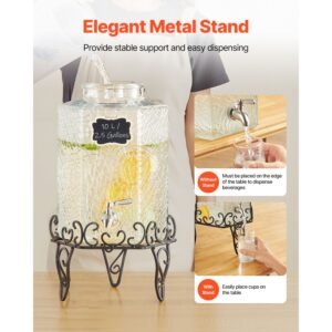 beverage dispenser, 2.5 gallon drink dispensers for parties, glass juice dispenser with metal stand, stainless steel spigot, iced tea lemonade juice water dispensers for parties