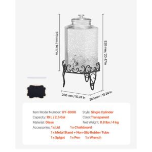 beverage dispenser, 2.5 gallon drink dispensers for parties, glass juice dispenser with metal stand, stainless steel spigot, iced tea lemonade juice water dispensers for parties