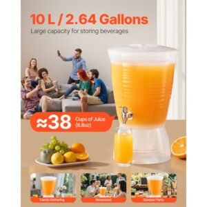 beverage dispenser, 2.64 gallon drink dispenser for parties, plastic juice dispensers with spigot ice chamber, iced tea lemonade juice water dispensers, for restaurants, hotels, parties