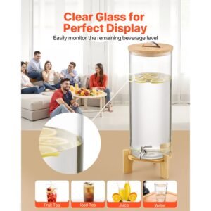 beverage dispenser, 3.5 gallon drink dispensers for parties, glass juice dispenser with wood stand, stainless steel spigot, iced tea lemonade juice water dispensers for parties