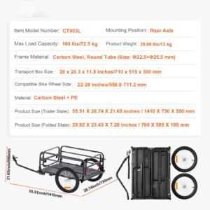 bike cargo trailer, 160 lbs load capacity, heavy duty bicycle wagon cart, foldable compact storage & quick release with universal hitch, 16" wheels, safe reflectors, fits 22" 28" bike wheels