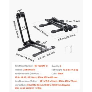 bike racks 2 pack, fits 20 to 29 inch mountain & road bikes, alloy steel rust resistant bike floor stand rack, foldable bicycle stand for entryway, garage, home bikes parking & storage, black