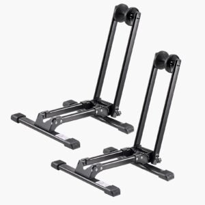bike racks 2 pack, fits 20 to 29 inch mountain & road bikes, alloy steel rust resistant bike floor stand rack, foldable bicycle stand for entryway, garage, home bikes parking & storage, black