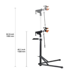 bike repair stand, 66 lbs heavy duty aluminum bicycle repair stand, adjustable height bike maintenance workstand with magnetic tool tray telescopic arm, foldable bike work stand for home, shops