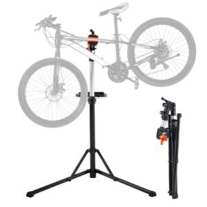 bike repair stand, 66 lbs heavy duty aluminum bicycle repair stand, adjustable height bike maintenance workstand with magnetic tool tray telescopic arm, foldable bike work stand for home, shops