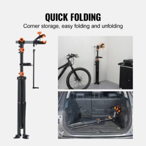 bike repair stand, 80 lbs heavy duty steel bicycle repair stand, adjustable height bike maintenance workstand with magnetic tool tray telescopic arm, foldable bike work stand for home, shops