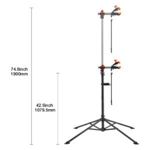 bike repair stand, 80 lbs heavy duty steel bicycle repair stand, adjustable height bike maintenance workstand with magnetic tool tray telescopic arm, foldable bike work stand for home, shops