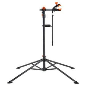 bike repair stand, 80 lbs heavy duty steel bicycle repair stand, adjustable height bike maintenance workstand with magnetic tool tray telescopic arm, foldable bike work stand for home, shops