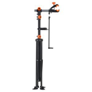 bike repair stand, 80 lbs heavy duty steel bicycle repair stand, adjustable height bike maintenance workstand with magnetic tool tray telescopic arm, foldable bike work stand for home, shops