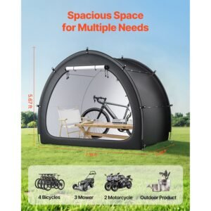 bike storage tent, 4 to 5 bikes, outdoor spacious bike storage tent with ventilated window, waterproof fan shaped bike tent with high strength fiberglass & dual zippers, fit for bicycle