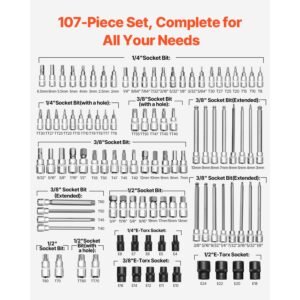 bit socket set, 107 piece sae and metric, hex/torx/external torx/tamper proof/extra long, s2 alloy steel and cr v steel, 1/4 in, 3/8 in, and 1/2 in drives, with enhanced storage case, hand use