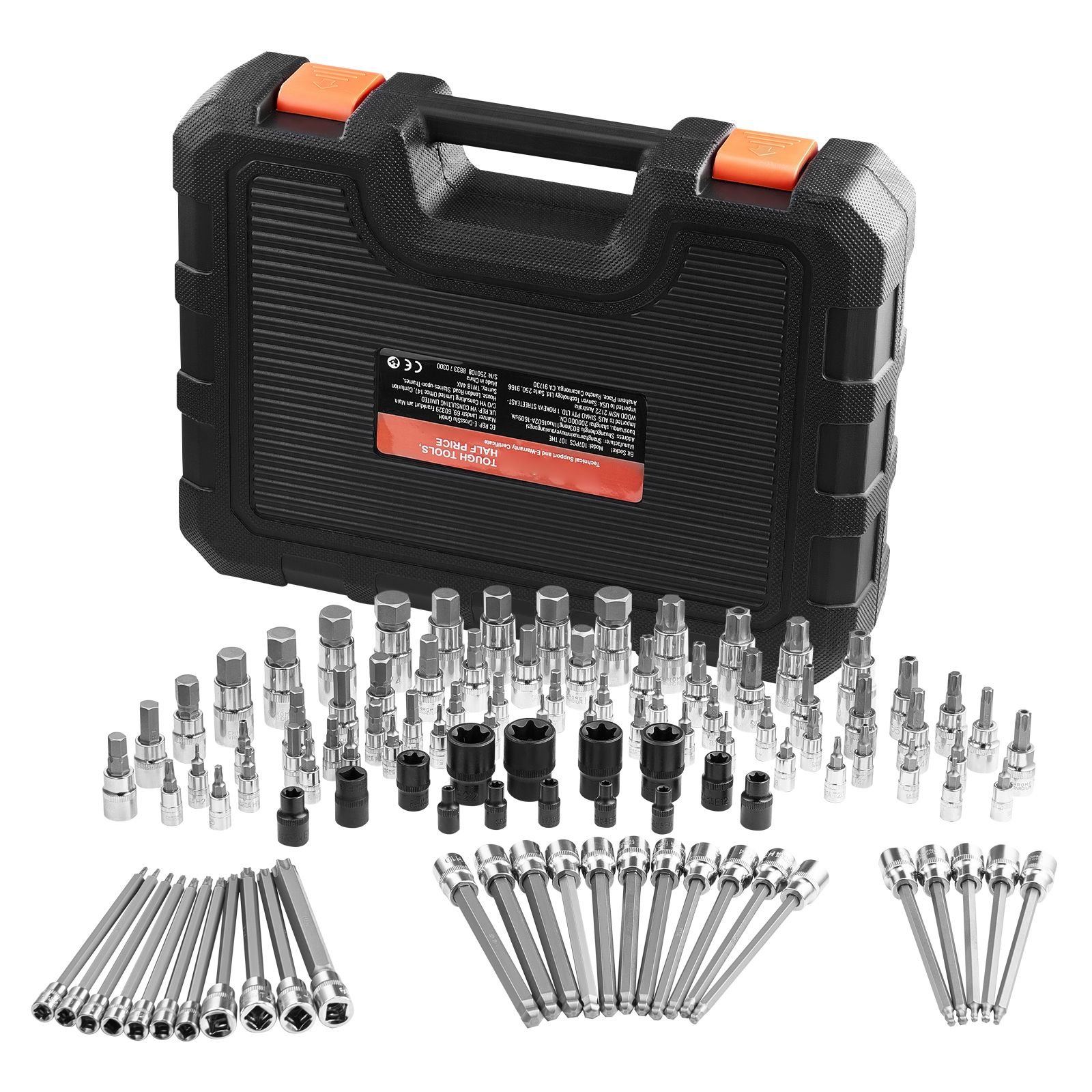 bit socket set, 107 piece sae and metric, hex/torx/external torx/tamper proof/extra long, s2 alloy steel and cr v steel, 1/4 in, 3/8 in, and 1/2 in drives, with enhanced storage case, hand use