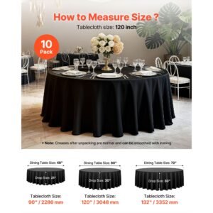 black round tablecloths 10 pack, 120 inches in diameter, stain & wrinkle resistant, machine washable table clothes, polyester fabric table covers for wedding, party, banquet, formal events